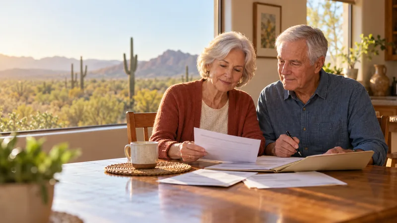 Older couple reviewing body donation program paperwork at a kitchen table in a sunlit Arizona home